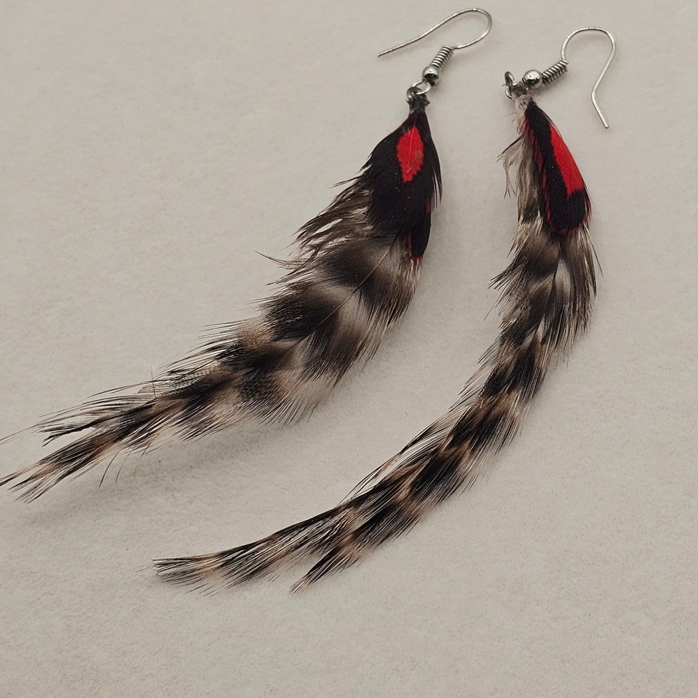 Feather Dangle Earrings‎ 4"+ Brown Red Grizzly Striped Boho Chic Tribal Western - Picture 10 of 12